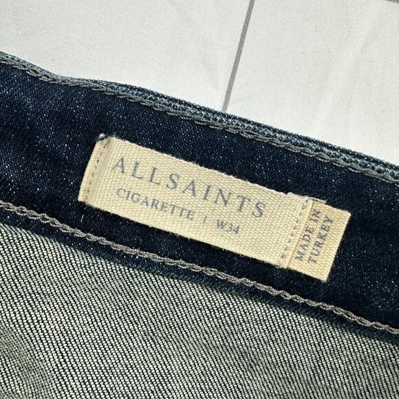 All Saints Jeans Mens 34 Blue Cigarette Skinny Button Fly Fade Distressed Denim - Picture 4 of 16